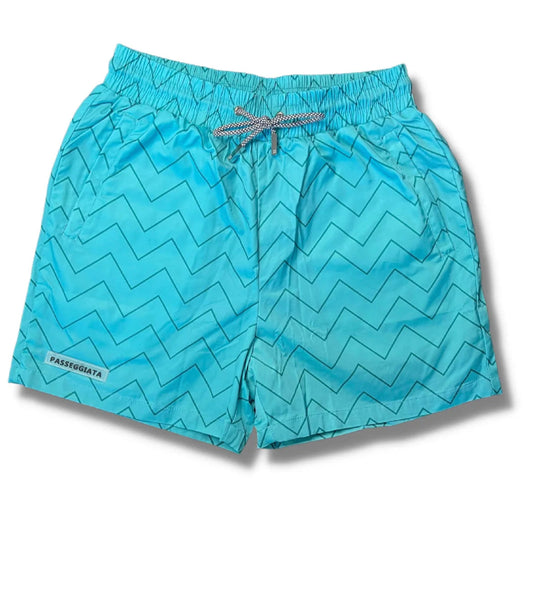 Zig Zag Premium Swim Shorts & T-shirt Set (Turquoise/White)