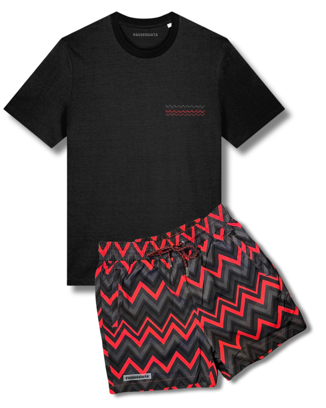 Zig Zag Premium Swim Shorts & Embroidered T-shirt Set (Black)