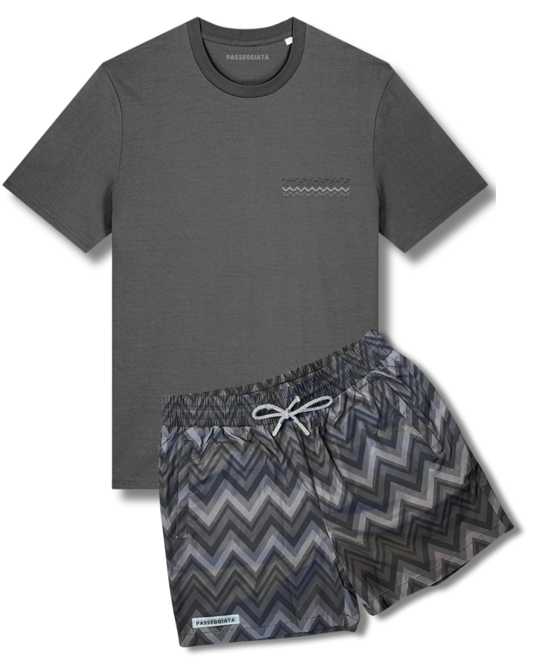 Zig Zag Premium Swim Shorts & Embroidered T-shirt Set (Grey)