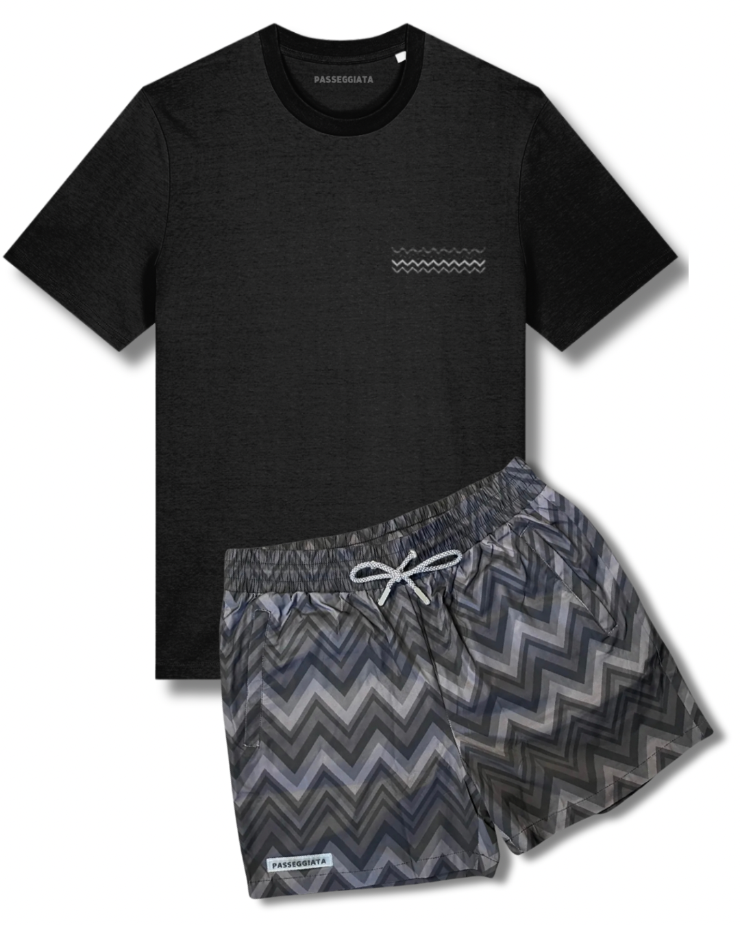Zig Zag Premium Swim Shorts & Embroidered T-shirt Set (Black)