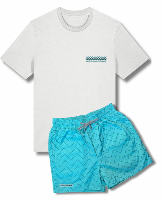 Zig Zag Premium Swim Shorts & embroidered T-shirt Set (White)