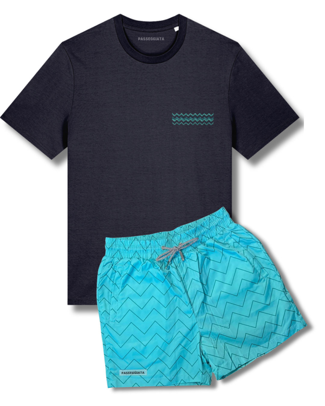 Zig Zag Premium Swim Shorts & embroidered T-shirt Set (Navy)