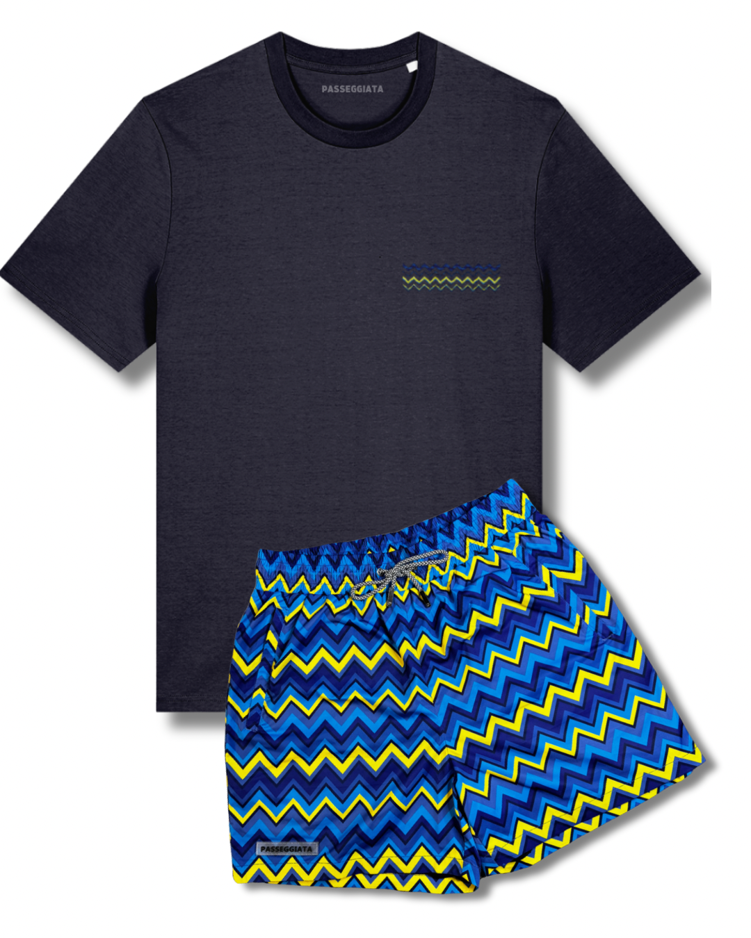 Zig Zag Premium Swim Shorts & Embroidered T-shirt Set (Navy)