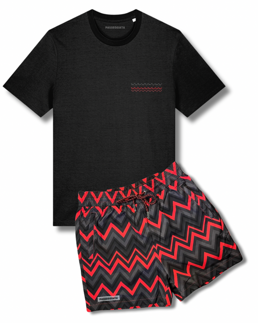 Zig Zag Premium Swim Shorts & Embroidered T-shirt Set (Black)