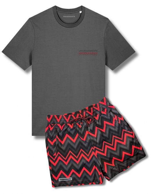 Zig Zag Premium Swim Shorts & Embroidered T-shirt Set (Grey)