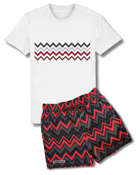 SS24 Zig Zag Premium Swim Shorts & T-shirt Set (White/Red)