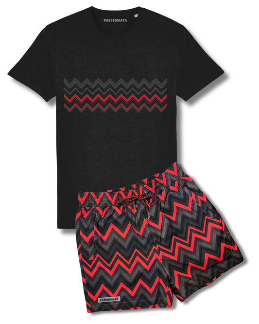 SS24 Zig Zag Premium Swim Shorts & T-shirt Set (Black/Red)