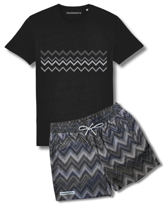 SS24 Zig Zag Premium Swim Shorts & T-shirt Set (Black/Grey)