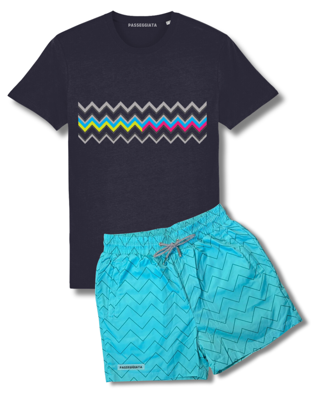 SS24 Zig Zag Premium Swim Shorts & T-shirt Set (Turquoise/Pink)