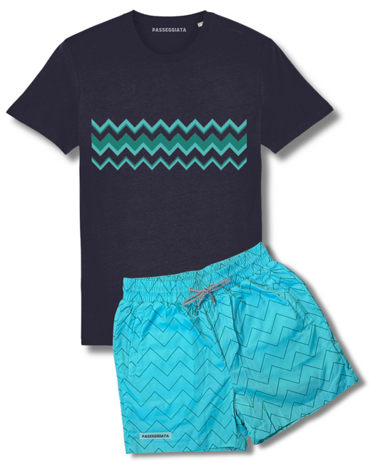 SS24 Zig Zag Premium Swim Shorts & T-shirt Set (Turquoise/Navy)