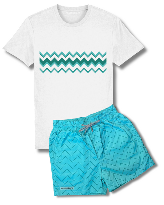 SS24 Zig Zag Premium Swim Shorts & T-shirt Set (Turquoise/White)